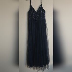 Navy Sequin V-Neck Tulle Prom Dress